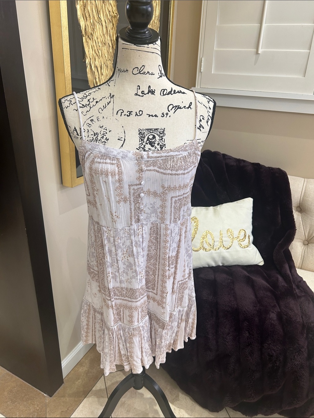 Boho Lace-Trim Mini Dress in Light Beige